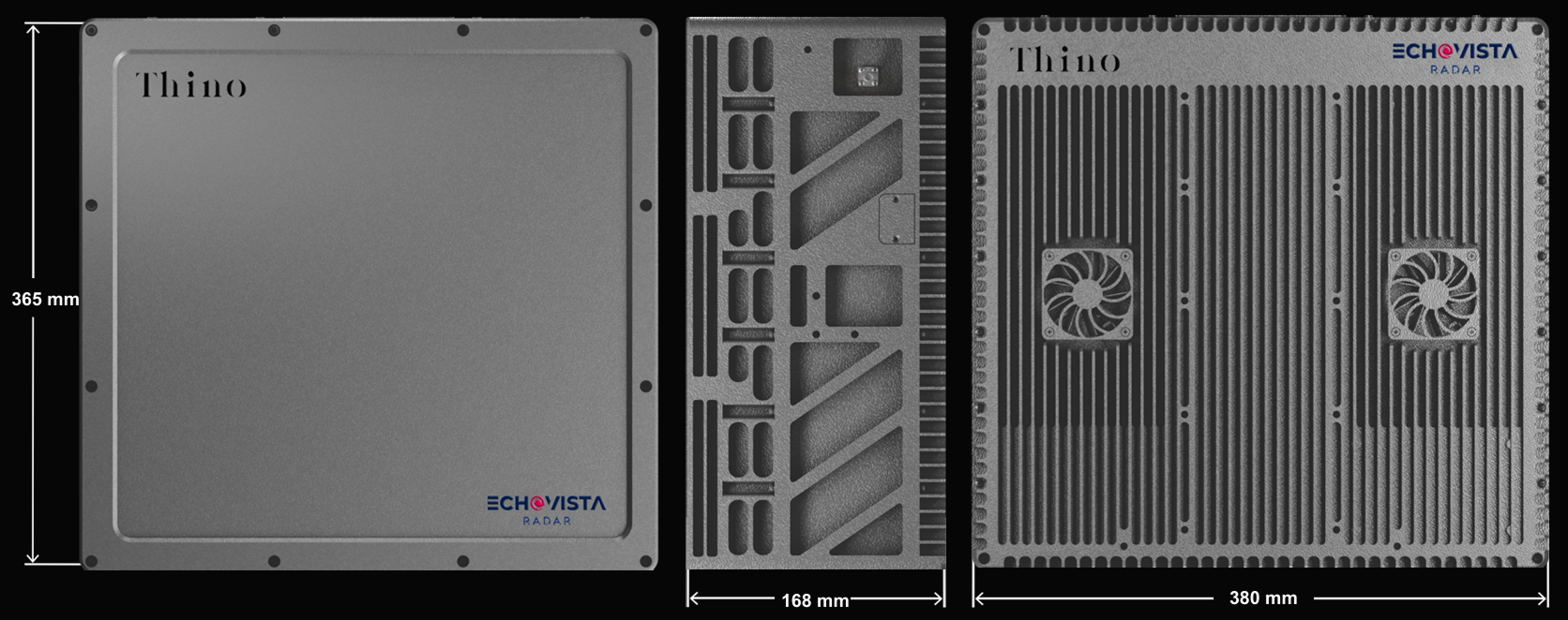 THINO radar dimensions showing front, side, and rear views